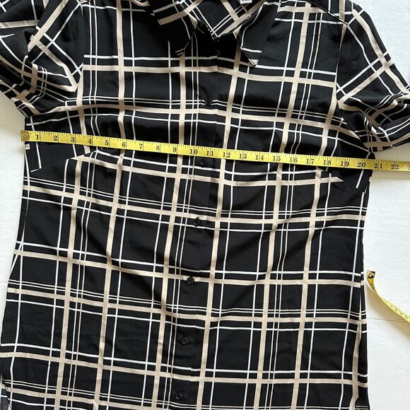 Susan Graver Blouse Top Plaid Button Down Relaxed Black Tan Small Classic Office - Picture 8 of 11